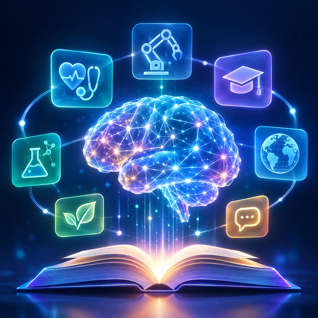 CS 394E course emblem: a glowing neural brain above an open book, ringed by icons for healthcare, robotics, education, science and communication.